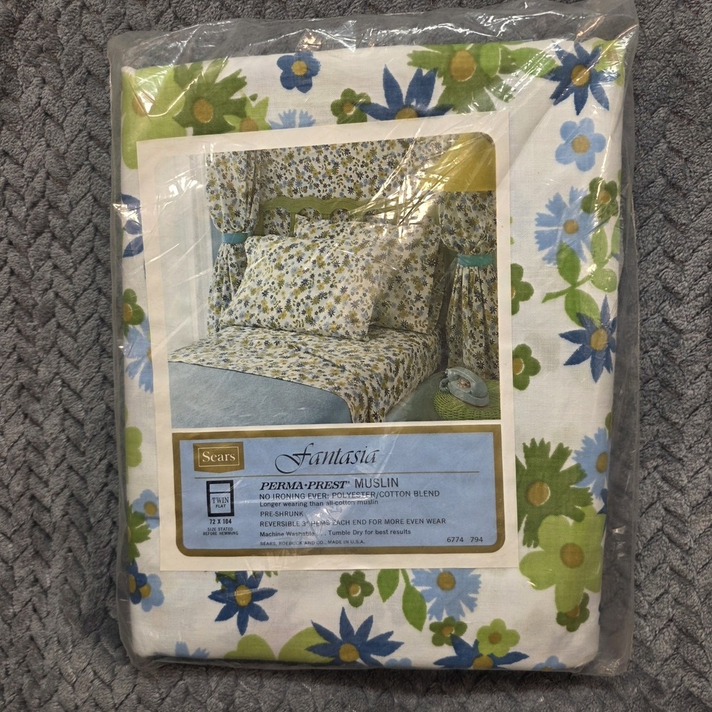 Vintage Sears Fantasia Perma Prest Muslin Twin Flat Sheet NOS Blue Green Floral